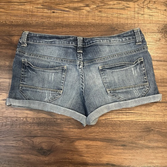 Sirens Blue Y2K Low Rise Jean Micro Mini Shorts Size 11 Cuffed Festival Summer - Picture 4 of 7